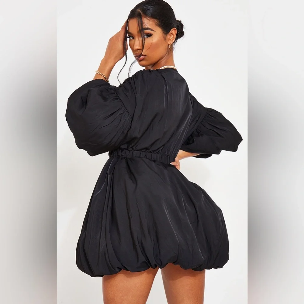 Black Puff Sleeve Puffball Hem Shift Dress - Picture 2 of 3